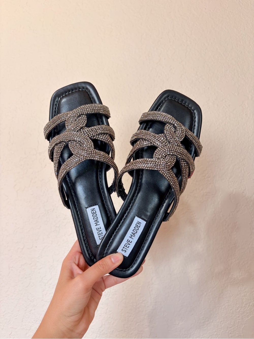 Steve Madden Black Slides with Bronze Crystal Straps